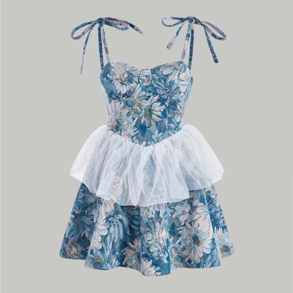 Watercolor tapestry floral print mini dress with tulle details ballet balletcore